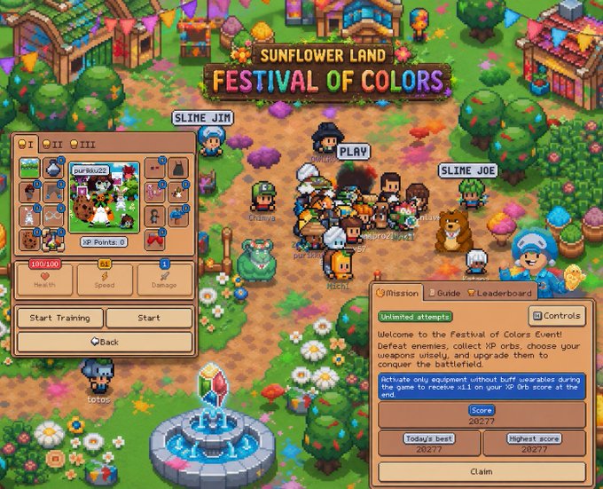 A pixel art screenshot of the 'Sunflower Land Festival of Colors' event, showing a vibrant scene with player characters, a mission panel, and game UI elements.