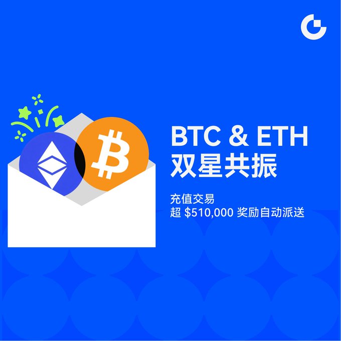 An advertisement on a blue background featuring Bitcoin (BTC) and Ethereum (ETH) logos emerging from an envelope, with Chinese text promoting a 'BTC & ETH 双星共振' (Binary Star Resonance) event offering rewards over $510,000.