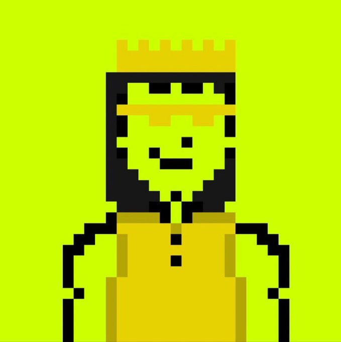 A pixel-art character with a yellow crown and shirt smiles against a bright green background, evoking a retro video game aesthetic that ties into the giveaway's playful, community-focused crypto promotion.