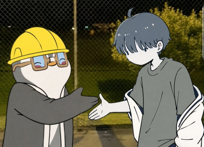 An anime-style illustration showing a penguin-like character wearing a yellow hard hat and glasses giving a high-five to a boy with gray hair.