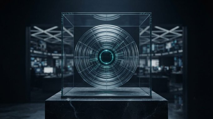 A glowing circular, radar-like holographic display inside a glass cube sits atop a marble pedestal in a dimly lit futuristic server room. The high-tech, futuristic visual evokes the cutting-edge, speculative nature of crypto assets like Worldcoin ($WLD), mirroring the post's discussion of Wall Street's venture into tokenized ETFs despite massive price declines.