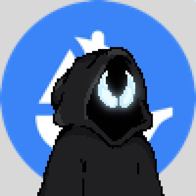 A pixel art illustration of a hooded dark figure with glowing blue eyes set against a blue circular background with white star shapes, likely serving as promotional artwork for the "Checker" NFT mint being announced on OpenSea.
