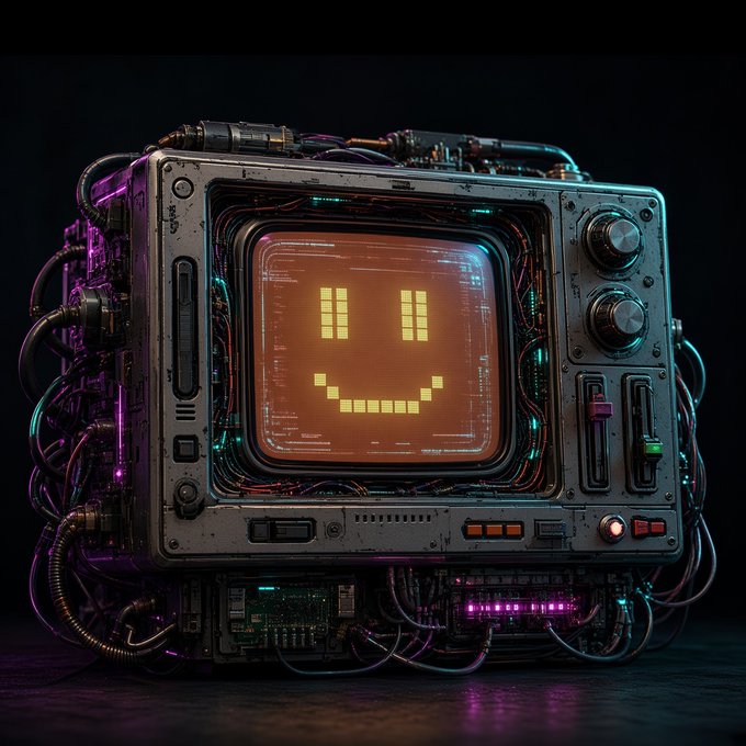 A retro-futuristic computer monitor displaying a glowing yellow smiley face made of pixel blocks, surrounded by wires, circuit boards, and neon accents.