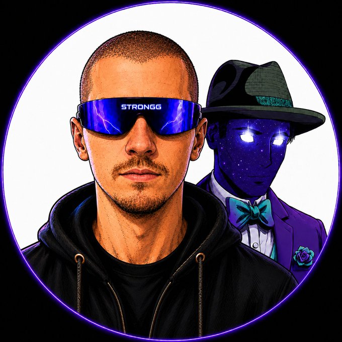 A circular profile-style avatar features a man wearing futuristic blue 'STRONGG' lightning sunglasses alongside an anime character in a purple suit, fedora, and glowing starry eyes.