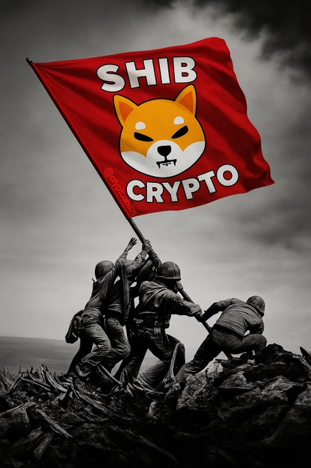 Soldiers plant a red flag emblazoned with "SHIB CRYPTO" and the iconic Shiba Inu emblem atop a rocky summit, symbolizing the steadfast loyalty and rising triumph of the $SHIB army.