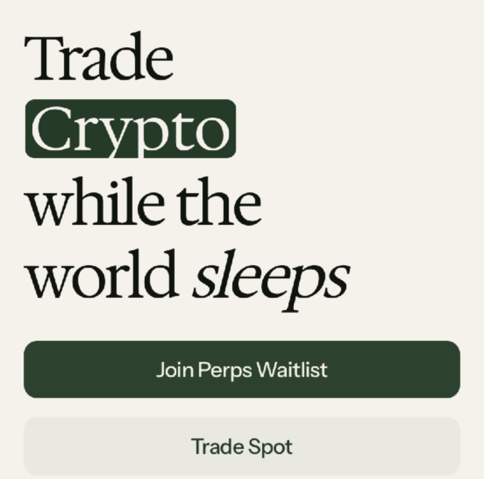 A minimalist promotional graphic with the headline 'Trade Crypto while the world sleeps', featuring a 'Join Perps Waitlist' button and a 'Trade Spot' option.