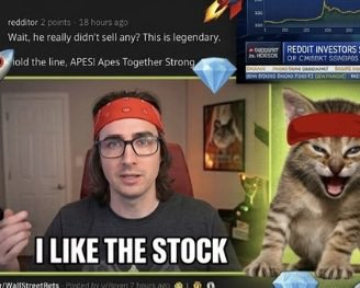 A Reddit screenshot showing a comment claiming GameStop "really didn't sell any" of their holdings, overlaid on a video of a man in a red headband saying "I LIKE THE STOCK" next to a cat wearing a matching headband, with stock ticker data and diamond emojis framing the meme—visually representing the bullish sentiment toward $GME mentioned in the post about GameStop's hybrid crypto/stock liquidity pool with Robinhood.
