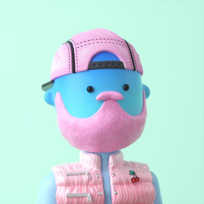 A 3D claymation-style character with blue skin, pink beard, pink backward cap, and pink striped vest with cherry pins, set against a light green background.