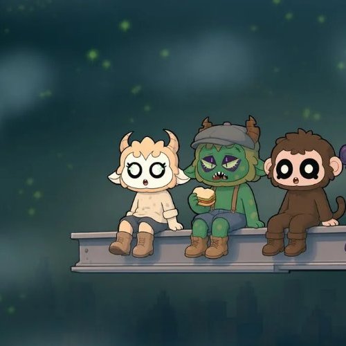 Three cartoonish, big-eyed creatures—a horned white character, a green goblin-like figure in a cap holding a cup, and a brown furry beast—sit side by side on a steel beam against a starry night sky, matching the cute yet mischievous aesthetic of the Nibblins NFT collection teased in the post.