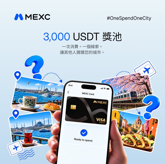 A light-blue MEXC cryptocurrency advertisement promotes “3,000 USDT” with “#OneSpendOneCity,” showing a MEXC Visa card, travel photos, location pins, airplanes, and Chinese text.
