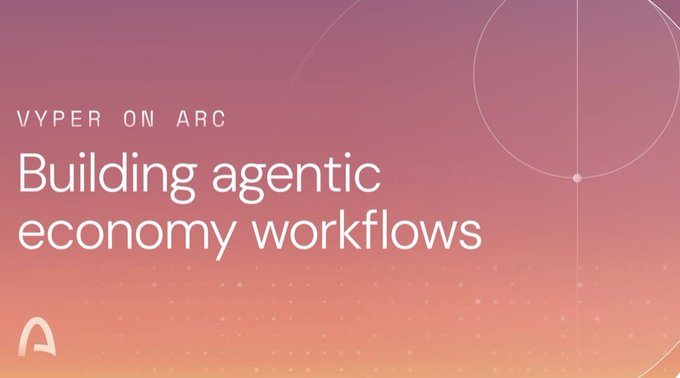The image is a pink and orange gradient graphic featuring the text "VYPER ON ARC — Building agentic economy workflows," along with a stylized "A" logo and a circular design element in the upper right. It visually ties to the post by illustrating Vyper's initiative on Arc Testnet to enable AI agents with onchain identity (via ERC 8004) for trustworthy, rule-compliant transactions in an agentic economy.