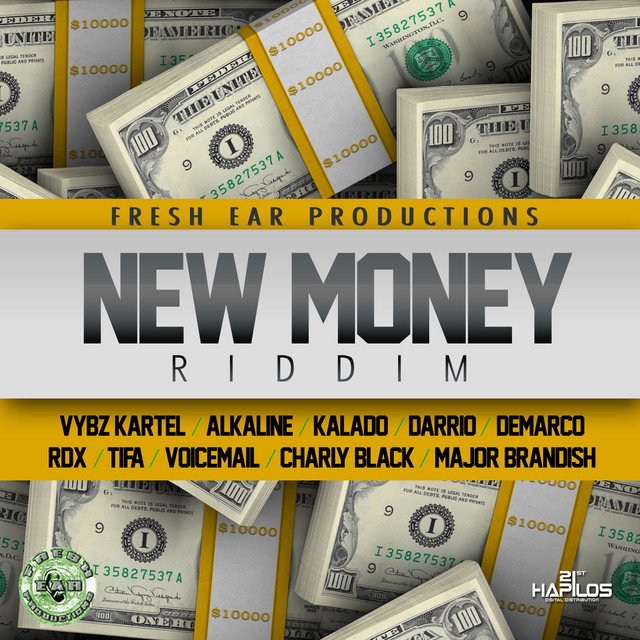 The album cover "New Money Riddim" by Fresh Ear Productions, featuring artists like Vybz Kartel, Alkaline, and Demarco, is set against a backdrop of $100 bill banded stacks. The post's theme of reimagining money aligns with the album's title, drawing a parallel between the "New Money Riddim" and Pi's vision of a new form of currency.