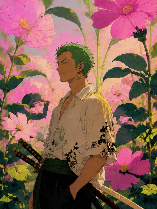 An anime-style illustration of a green-haired man in a white shirt standing among pink flowers with two swords at his side.