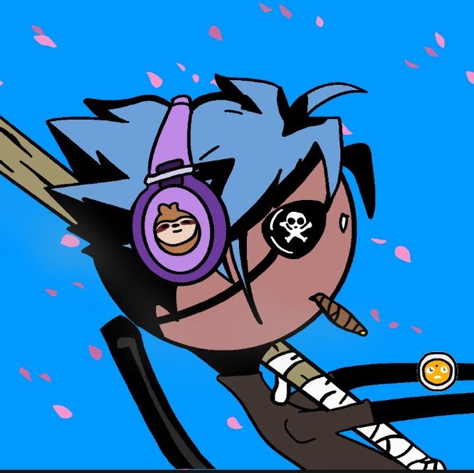 An anime-style character with blue spiky hair wearing purple headphones with a doge face, a skull eyepatch, and holding a cigar, with pink petals in the background.