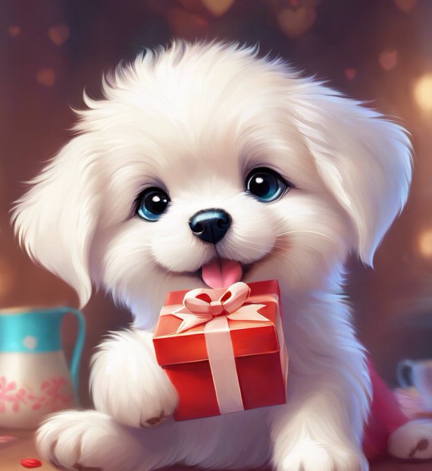 A digital illustration of an adorable fluffy white puppy with blue eyes holding a red wrapped gift box with a bow.