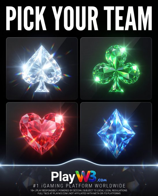 A gambling advertisement for PlayW3.com reading "PICK YOUR TEAM" with four sparkling gem symbols (spade, club, heart, diamond), labeled "#1 iGAMING PLATFORM WORLDWIDE."