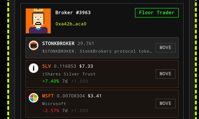 A pixel-art game interface displaying a 'Broker #3963' with the address 0xa42b...aca0, tagged as 'Floor Trader,' along with portfolio holdings including STONKBROKER token (29,761), SLV (iShares Silver Trust, +7.40%), and MSFT (Microsoft, -2.57%).