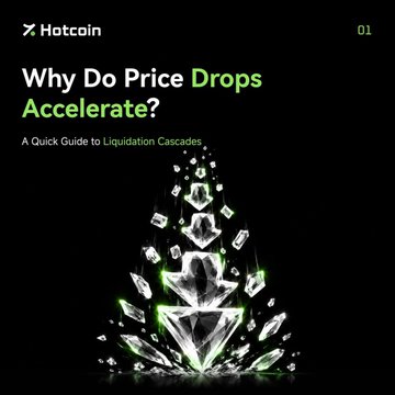 Graphic for Hotcoin titled 'Why Do Price Drops Accelerate? A Quick Guide to Liquidation Cascades,' featuring an image of a crystal shattering into glowing green shards against a black background.