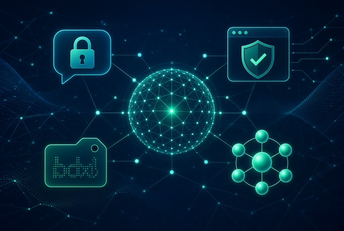 A blue digital illustration depicting cybersecurity and network concepts, featuring icons of a padlock in a speech bubble, a shield with a checkmark, a folder, and a network sphere.
