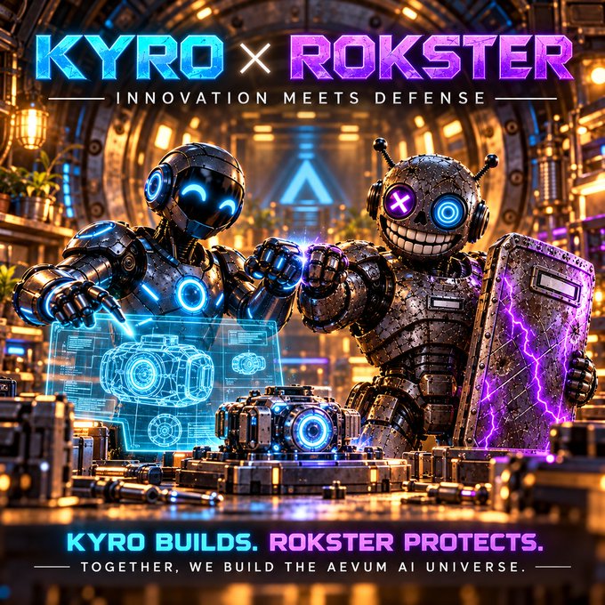 A promotional collaboration image featuring two robots—one blue, sleek, and labeled "KYRO" beside a holographic blueprint, and one rugged, shield-bearing purple robot labeled "ROKSTER"—with the tagline "INNOVATION MEETS DEFENSE" and "KYRO BUILDS. ROKSTER PROTECTS. TOGETHER, WE BUILD THE AEVUM AI UNIVERSE." The image visually represents the partnership announcement, with KYRO as the builder of the ecosystem and ROKSTER as its protective guardian.