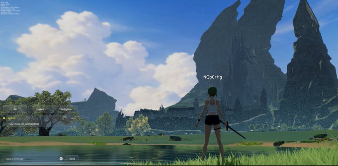 A player named "N0oCrHg" stands in a lush, open-world video game landscape featuring towering rock formations, a clear blue sky, and an on-screen chat bubble reading "Hello, there. I'm convinced fun," referencing a web3 gaming project being promoted in the post.