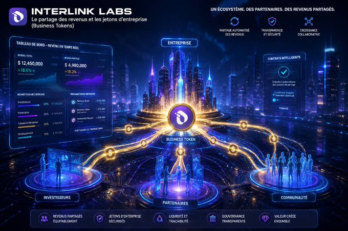 A French-language infographic for 'INTERLINK LABS' displaying a futuristic business token ecosystem featuring investors, partners, and a community.