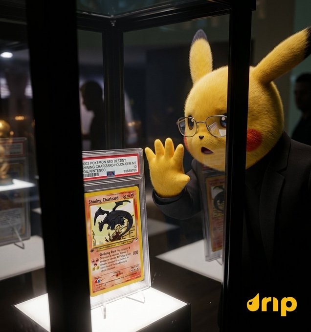 A figure in a realistic Detective Pikachu costume wearing glasses and a suit stands behind a glass display case, pressing a hand against the glass while looking at a graded 'Shining Charizard' Pokémon card labeled 'PSA NINTENDO'.