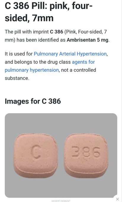 The image displays a pink, four-sided pill imprinted with "C" on one side and "386" on the other, identified as Ambrisentan 5 mg, a medication used for Pulmonary Arterial Hypertension. The accompanying post highlights that "386" is not a valid aspirin marking, but rather corresponds to this hypertension drug, suggesting Trump may be on additional undisclosed medication.