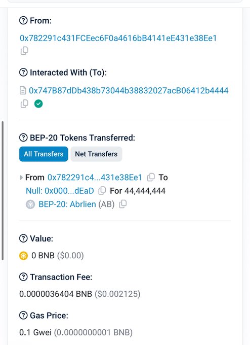 A blockchain transaction record on BNB Scan showing a transfer of 44,444,444 Abrlien (AB) tokens from address 0x782291c431FCEec6F0a4616bB4141eF431e38Ee1 to a null/dead address, corresponding to the post's claim of burning 44M tokens at 4.44444444% per transaction.