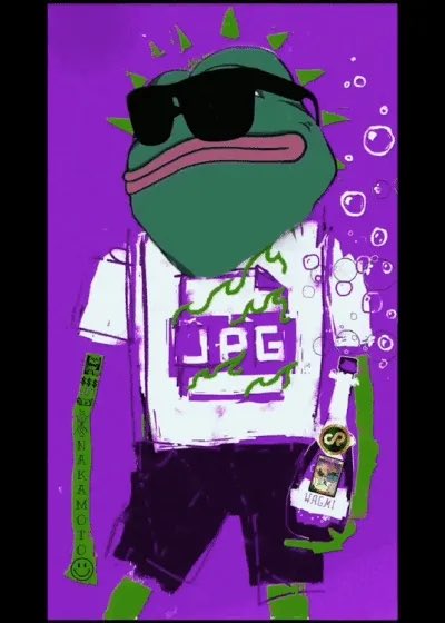 A stylized digital illustration of Pepe the Frog wearing black sunglasses, a white t-shirt with "JPG" on it, and dark shorts, holding a bottle of wagyu sauce against a purple background.