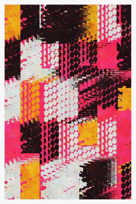 An abstract mixed-media artwork featuring a collage of pink, black, yellow, and white colors with various halftone dot patterns and textured brushstrokes.