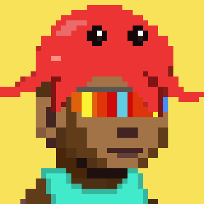 A pixelated 8-bit style portrait of a character with a brown face, big eyes, and a red speech bubble above its head, set against a bright yellow background.
