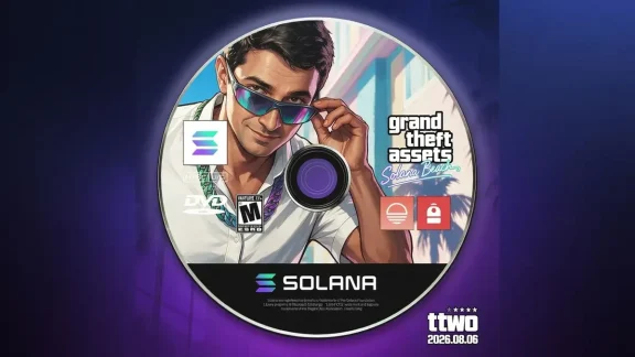 A circular promotional graphic features a stylized man in sunglasses with the "Grand Theft Auto VI" and "Cesto" logos, alongside gaming-related company icons (Logitech, NVIDIA), connected to Solana's logo and the ticker "$SOLANA." The image supports the post's announcement of a new GTA VI trading basket live on Solana via the Cesto app, themed around the gaming ecosystem's reaction to the game's release.