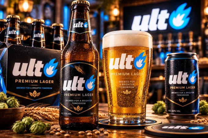 A product advertisement for 'ult' Premium Lager beer, showing bottles and a can alongside a freshly poured glass, with packaging stating 'BREWED FOR A BRIGHTER TOMORROW' against a bar background.