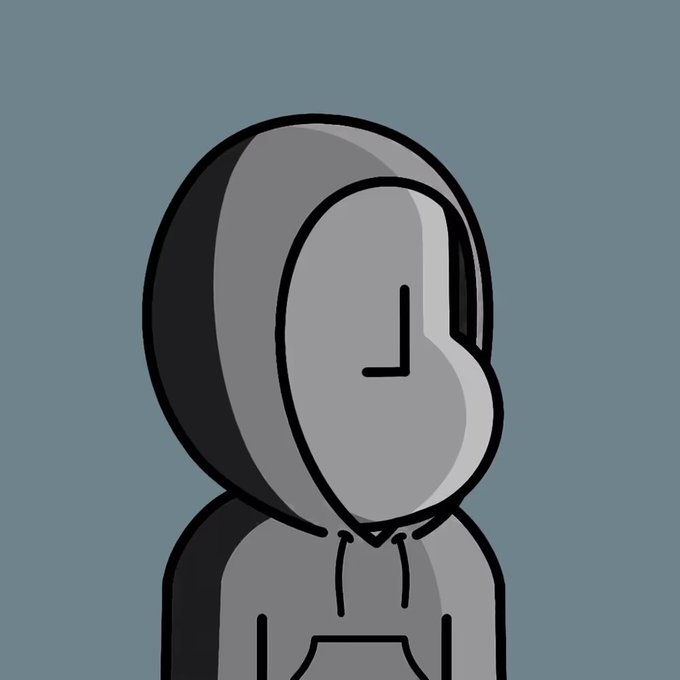 A minimalist cartoon drawing of a hooded grey character looking down at their clasped hands against a grey-blue background.