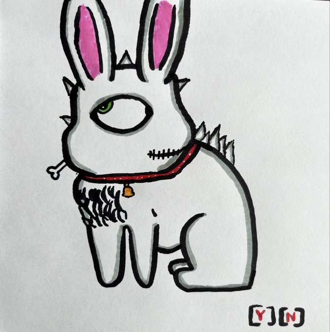 A hand-drawn illustration of a creepy white rabbit with pink-tipped ears, a stitched mouth, a green eye, and a spiked collar, signed '[Y][N]'.