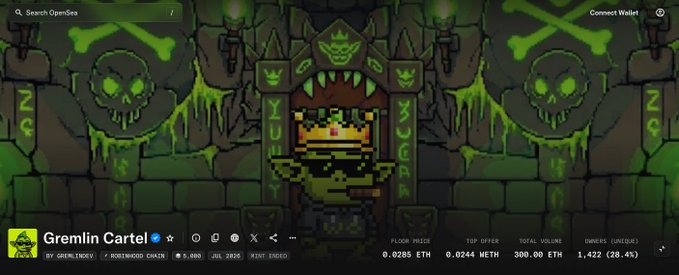 An OpenSea NFT listing page for 'Gremlin Cartel' showing pixel art artwork in a dark green dungeon setting, with a floor price of 0.0285 ETH and total volume of 300.00 ETH.