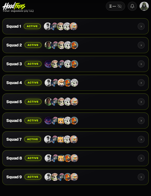 The image displays the "HoodFrens" game interface, showing nine active squads with various hero avatars, highlighting the new fantasy mode and heroes mentioned in the accompanying post. The post also mentions specific players like @Jackkk and @breyonchain who were acquired.