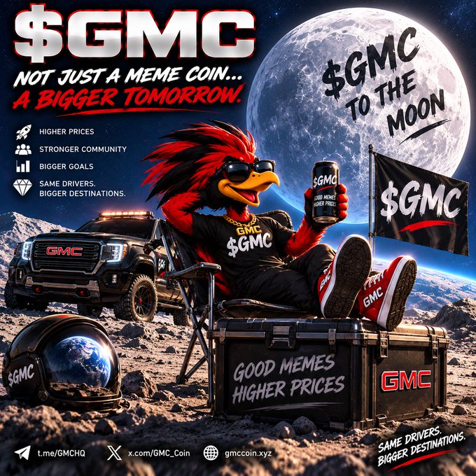 A meme coin promotional graphic features a red bird character in sunglasses sitting on the moon next to a GMC truck and flag, with text including '$GMC', 'NOT JUST A MEME COIN... A BIGGER TOMORROW', '$GMC TO THE MOON', and 'GOOD MEMES HIGHER PRICES'.