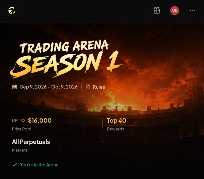 A promotional banner for "Trading Arena Season 1" by Camborsa DEX shows a fiery colosseum-themed background, with details including a $16,000 prize pool, Top 40 rewards, a September 9 - October 9, 2026 timeframe, All Perpetuals markets, and a green checkmark confirming "You're in the Arena," aligning with the post's announcement of joining the competition and aiming for a Top 40 rank.