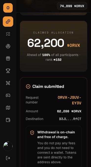 A crypto airdrop claim screen showing 74,899 $ORVX total allocation with 62,200 $ORVX successfully claimed to address B3JL...rfCT, rank #152. The screenshot supports the caption by visually confirming the $ORVX token claim with a "Claim submitted" status notification.