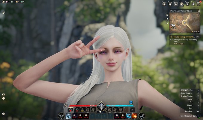 A screenshot from a video game (appears to be Tarisland) showing a white-haired female character making a peace sign, with a 'Dawn Legion Forward Base' minimap and UI elements visible.