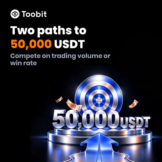 The image is a promotional graphic for Toobit featuring a metallic 3D target, podium, and an upward blue arrow, with text reading "Two paths to 50,000 USDT—Compete on trading volume or win rate." It visually reinforces the post's message about two competing leaderboards for a 50,000 USDT prize pool in Event Contracts trading.