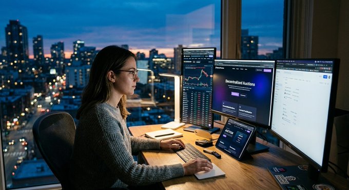 A woman works at a desk with multiple monitors displaying financial charts and a screen reading "Decentralized Auctions," set against a city skyline at dusk. The image visually reinforces the post's focus on Web3 accessibility, depicting someone actively engaging with onchain auction opportunities—aligning with Bounce Finance's mission of simplifying participation in decentralized markets.
