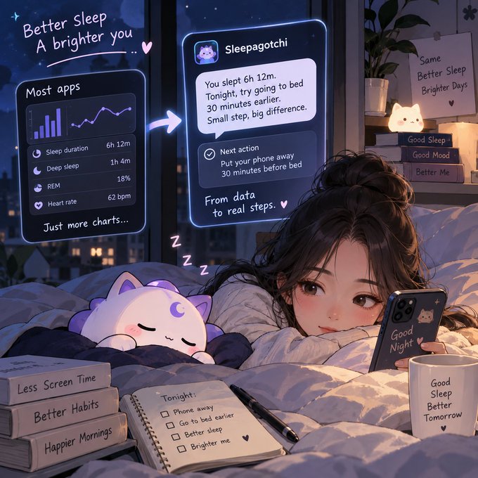 An anime-style illustration of a girl in bed at night looking at a smartphone displaying 'Good Night.' Floating UI panels compare 'Most apps' sleep tracking data with 'Sleepagotchi,' which suggests actionable steps like putting the phone away 30 minutes before bed.