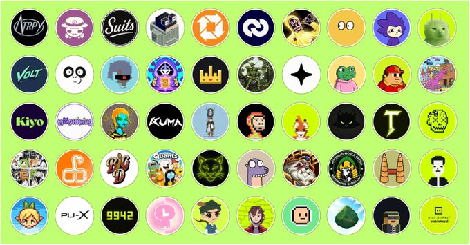 A grid of circular NFT project avatars displayed on a bright green background, featuring recognizable collections like Rektguy, Suits, and Unvault alongside pixel art characters, cartoon figures, and logos from various Web3 projects highlighted in the Robin Hood NFT list.