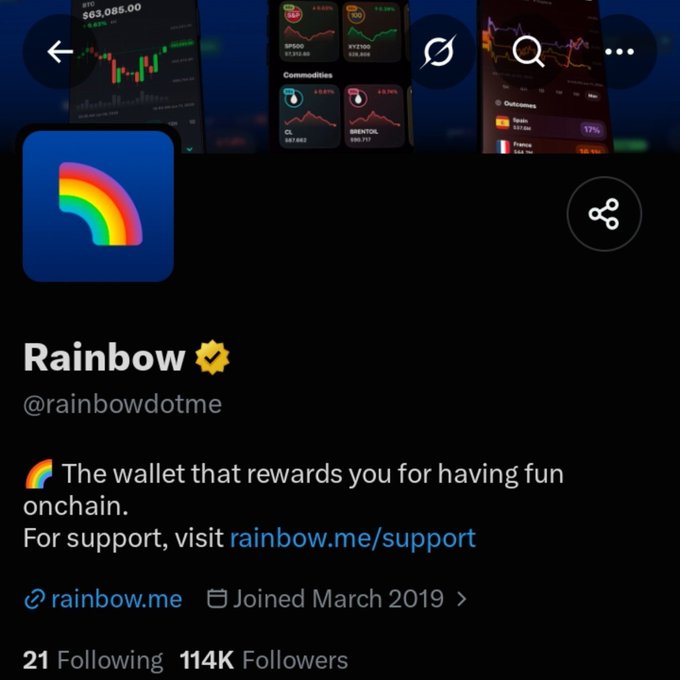 A Twitter/X profile page for 'Rainbow' (@rainbowdotme), featuring a rainbow logo and describing it as 'The wallet that rewards you for having fun onchain.'
