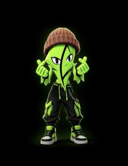 A 3D-rendered green cartoon character with leaf-like hair wearing a brown beanie, black streetwear pants with green accents, and chains, posing against a black background.