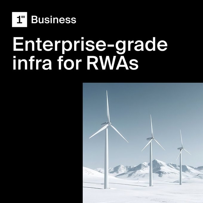 The image is a promotional graphic with the text "1" Business" and "Enterprise-grade infra for RWAs," accompanied by a photo of three wind turbines in a snowy mountain landscape. The wind turbines symbolize real-world assets (RWAs), visually reinforcing the post's message that 1inch provides enterprise-grade, non-custodial infrastructure capable of handling regulated assets like renewable energy projects.
