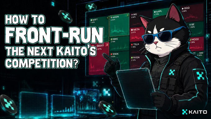 A stylized cat mascot wearing sunglasses and tactical gear stands beside a laptop, pointing toward a stock market dashboard displaying tickers like MSFT, AAPL, META, NVDA, and TSLA. Bold text reads "HOW TO FRONT-RUN THE NEXT KAITO'S COMPETITION?" with the KAITO logo in the corner, illustrating the post's theme of capitalizing on Kaito AI's expansion into AI, finance, and frontier tech sectors.